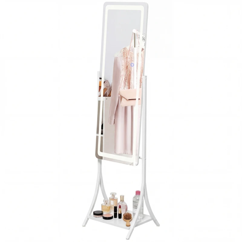 HOMCOM Free Standing Dressing Mirror with LED Lights, Full Length Mirror with 3 Temperature Colours and Storage Shelf