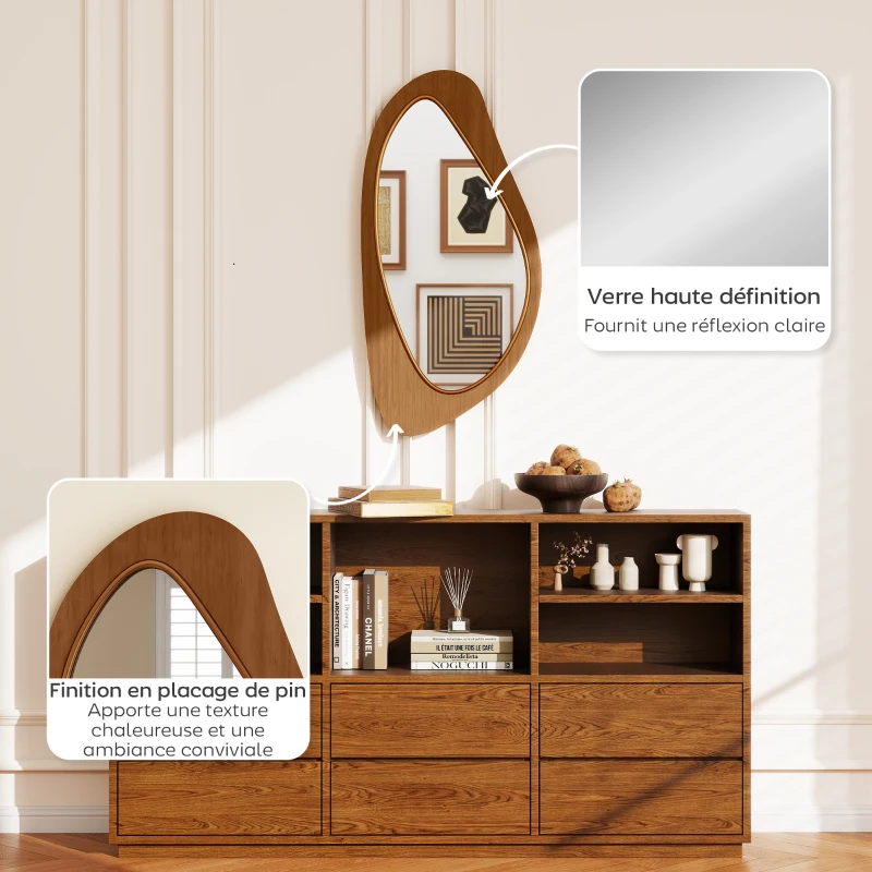 HOMCOM Miroir mural asymétrique 91,5 x 45 cm, miroir suspendu moderne, cadre en bois, effet bois naturel