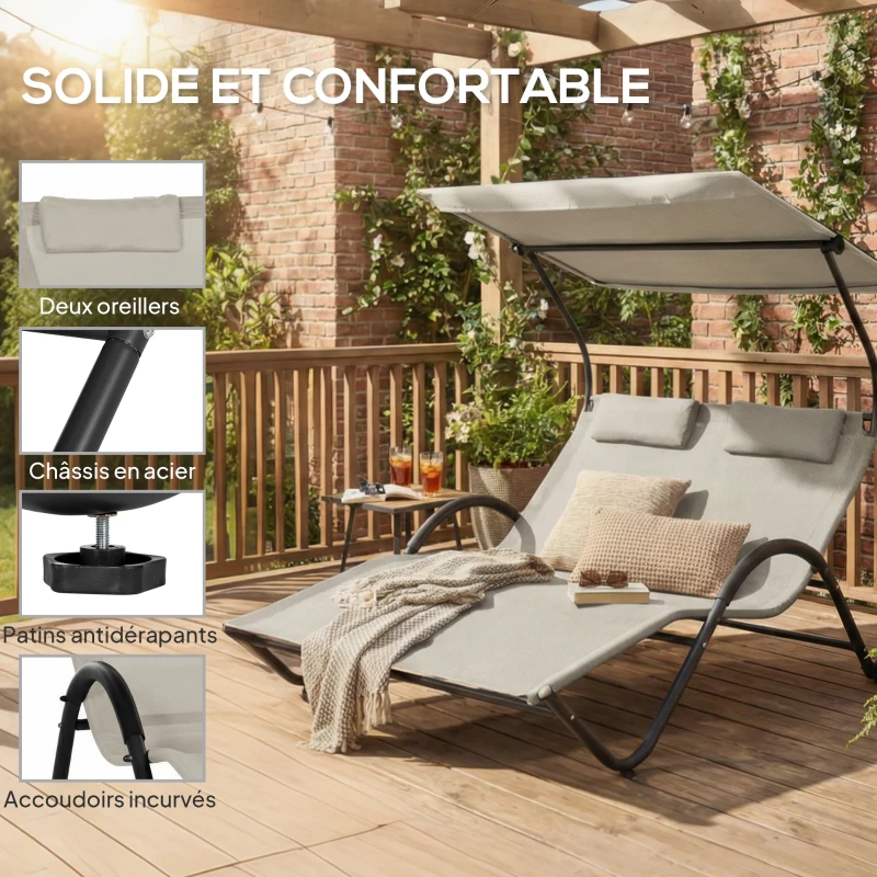 Outsunny Chaise longue bain de soleil transat avec auvent oreiller et roulettes en acier et polyester crème