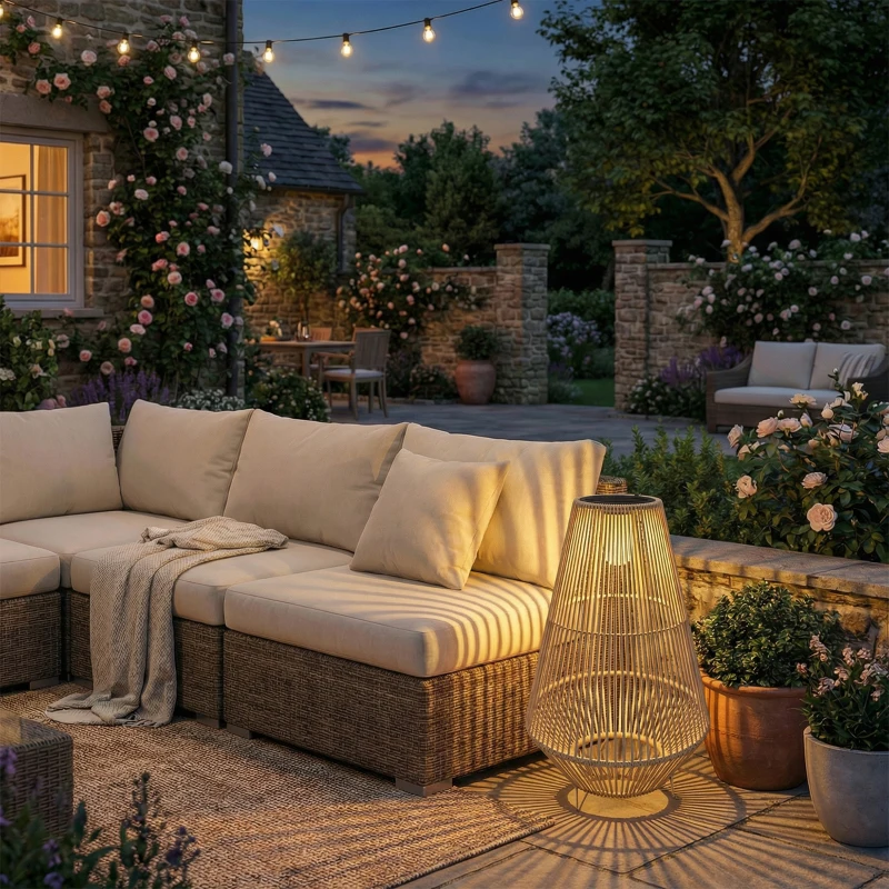 Outsunny Luminária de Chão Solar Rattan com Sensor de Luz LED Estilo Boho IP44 À Prova d'Água