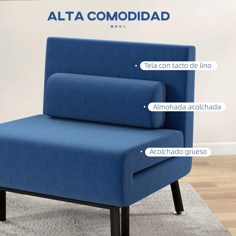 HOMCOM Sofá Cama Individual Plegable con Respaldo Ajustable de 5 Niveles Cojín y Tapizado de Lino Sintético 75x70x75 cm Azul