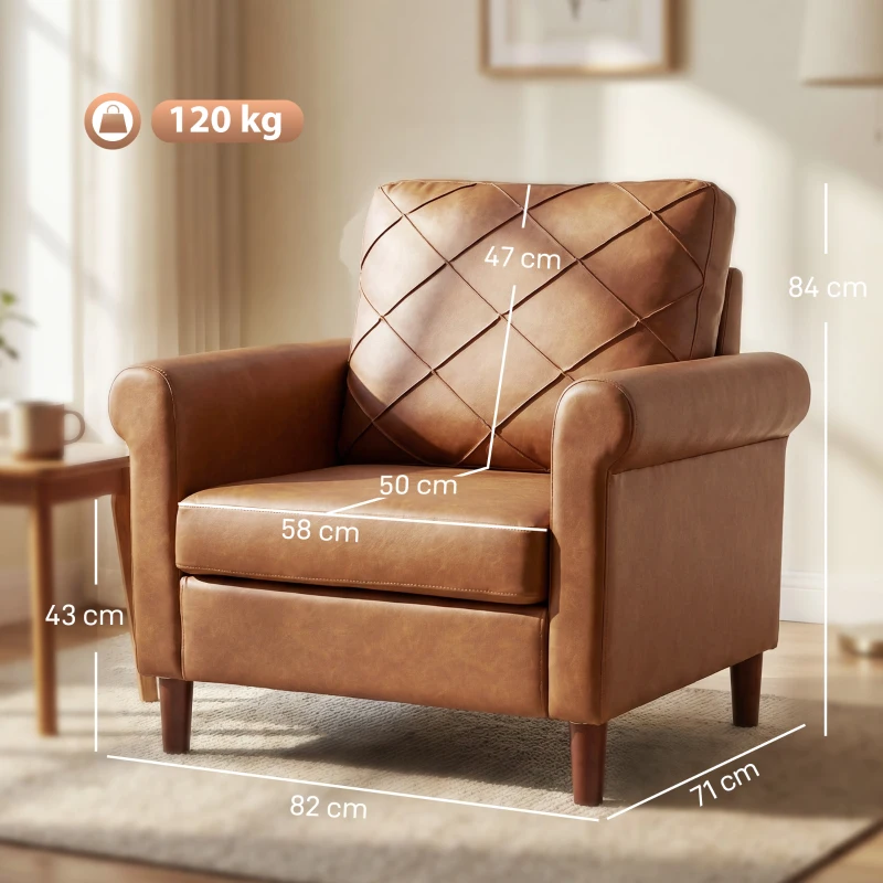 HOMCOM Sofá Individual Tapizado en PU Cojín Grueso Respaldo con Costuras Patas de Madera Maciza Marrón