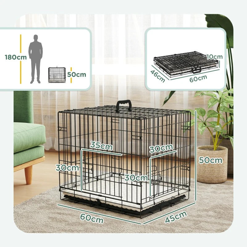 PawHut Gaiola para Cães Dobrável com Almofada com 2 Portas Alça de Transporte Bandeja Removível 60x40x50 cm Preto e Bege