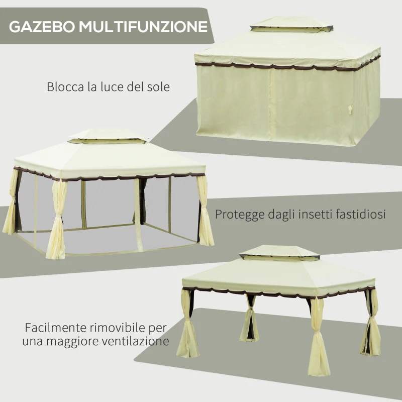Outsunny Gazebo da Giardino 4x3 m con Zanzariera e Tende, Tetto Doppio e Rivestimento Anti-UV, Crema