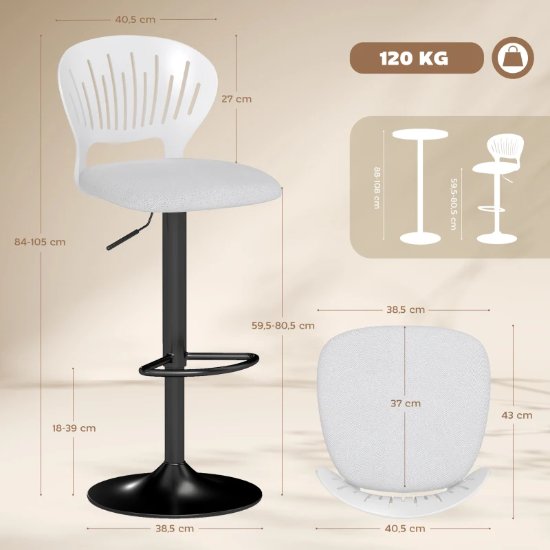 HOMCOM Juego de 2 Taburetes de Bar Giratorios en 360° Regulables en Altura de 84-105 cm Respaldo Hueco Reposapiés Blanco