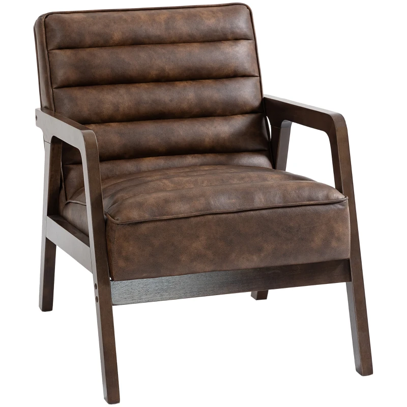 HOMCOM Sillón de salón, sillón auxiliar acolchado en PU con asiento amplio, cojín grueso y estructura de madera maciza, marrón