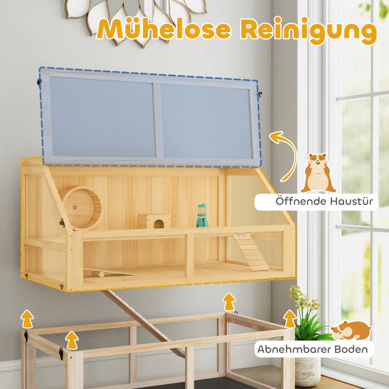 PawHut Hamsterkäfig aus Holz 3 Etagen Nagerkäfig Kleintierkäfig mit Wippe Laufrad Hütte 95 x 53 x 76 cm Naturholz