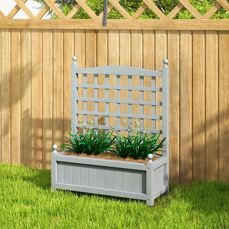 Outsunny Garden Planters with Trellis for Climbing Vines, Wood Raised Beds for Garden, Flower Pot, Indoor Outdoor, Grey