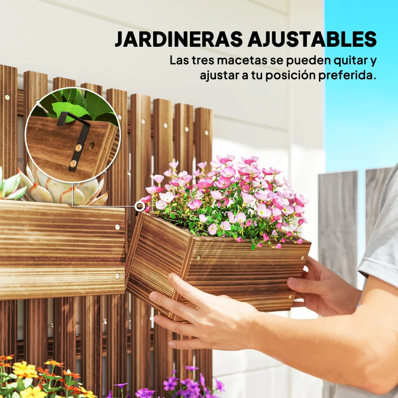 Outsunny Jardinera de Pared de Madera con Enrejado y 3 Macetas Móviles para Jardín Terraza Patio 60x16x80 cm Carbonizado