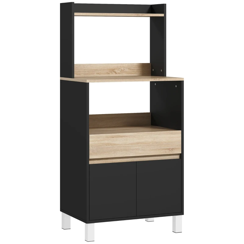 HOMCOM Meuble micro onde, buffet cuisine avec placard tiroir étagère supérieur, 60 x 40 x 131 cm chêne et noir