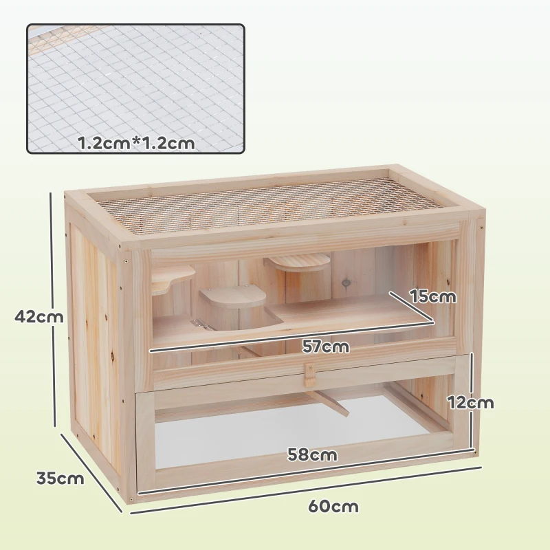 PawHut Wooden Hamster Cage Mouse Mice Rodent Small Animals Hutch Exercise Play House 60 x 35 x 42cm, Natural Wood Finish