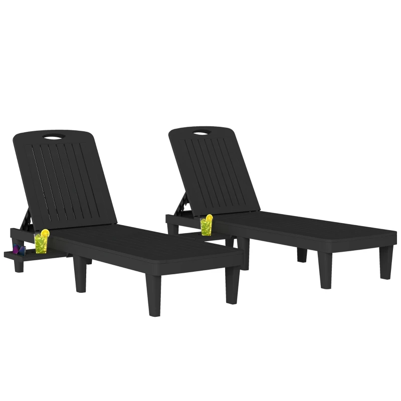 Outsunny Conjunto de 2 Tumbonas Reclinables de Plástico PP con Bandeja Lateral Respaldo Ajustable 5 Niveles 192x57x28,5 cm Negro