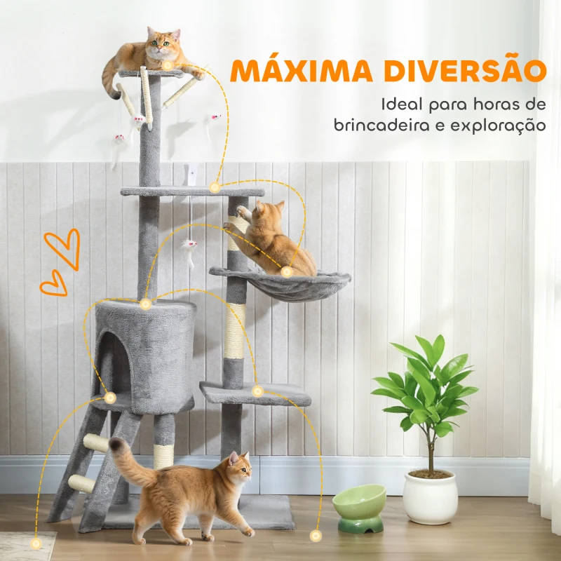 PawHut Arranhador para Gatos com Caverna Plataformas Rato de Brinquedo Rede e Postes de Sisal 60x35x134 cm Cinzento