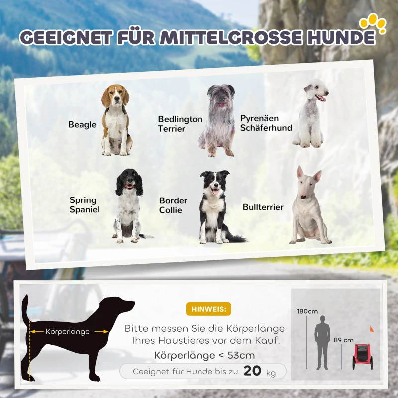 PawHut Hundeanhänger Faltbar mit Reflektoren Mesh-Fenster Rädern Tür Sicherheitsflagge für Hunde bis 20 kg 138x70x89 cm Rot