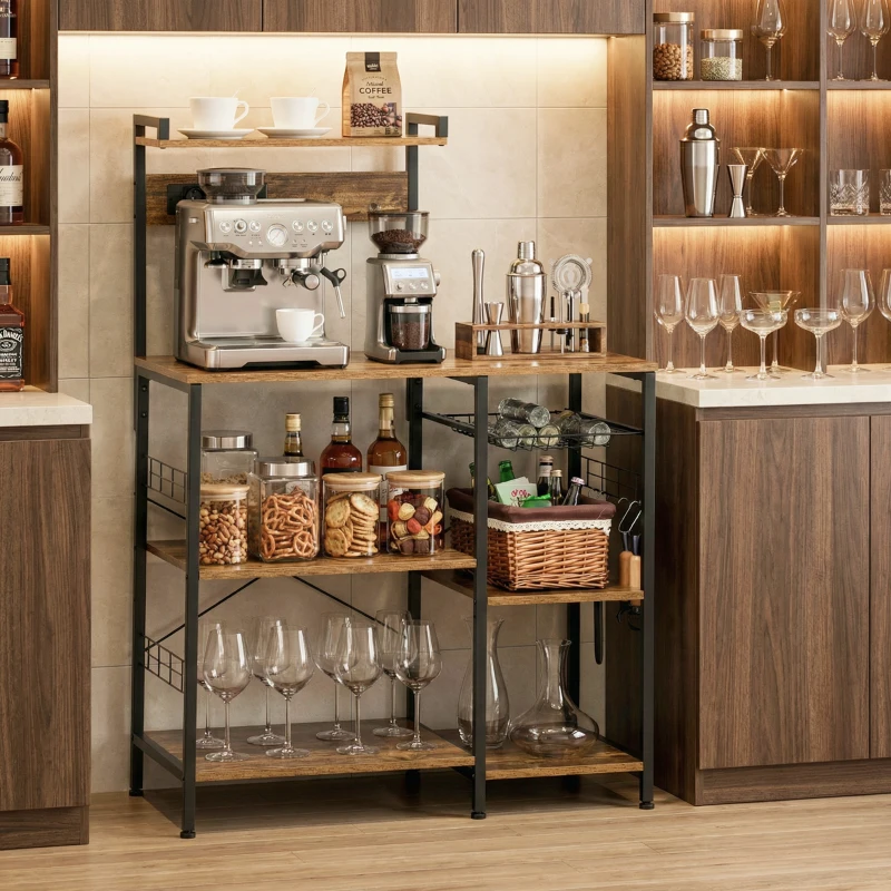 HOMCOM Raft de bucătărie cu priză multiplă pentru microunde, cu rafturi și coș din plasă, 90x42x130cm, maro