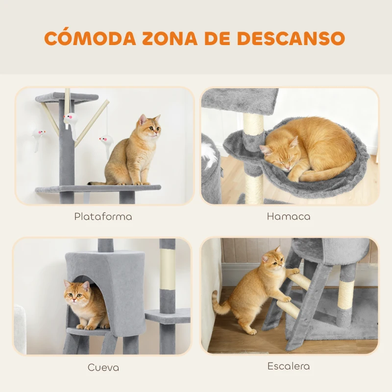 PawHut Árbol Rascador para Gatos Altura 134 cm con 6 Postes 3 Plataformas Cueva Hamaca Escalera 4 Juguetes Colgantes Gris