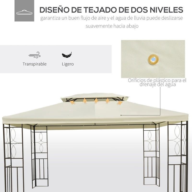 Outsunny Cenador de Jardín 4x3m con Doble Techo Estructura de Acero Anti-UV para Exterior Patio Terraza Blanco Crema