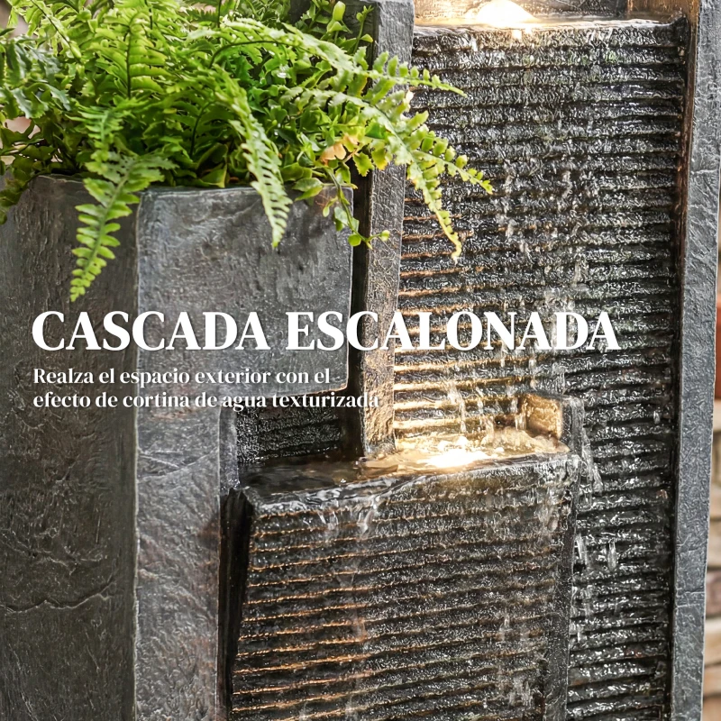Outsunny Fuente de Jardín en Cascada 5 Niveles con LED, 38x19x101 cm, Gris Oscuro