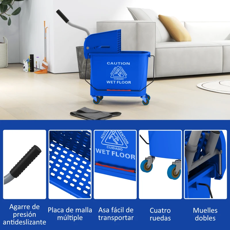 HOMCOM Cubo de Fregona con Ruedas 20 L Cubo de Fregar con Escurridor y Asa de Transporte para Doméstico y Comercial Azul