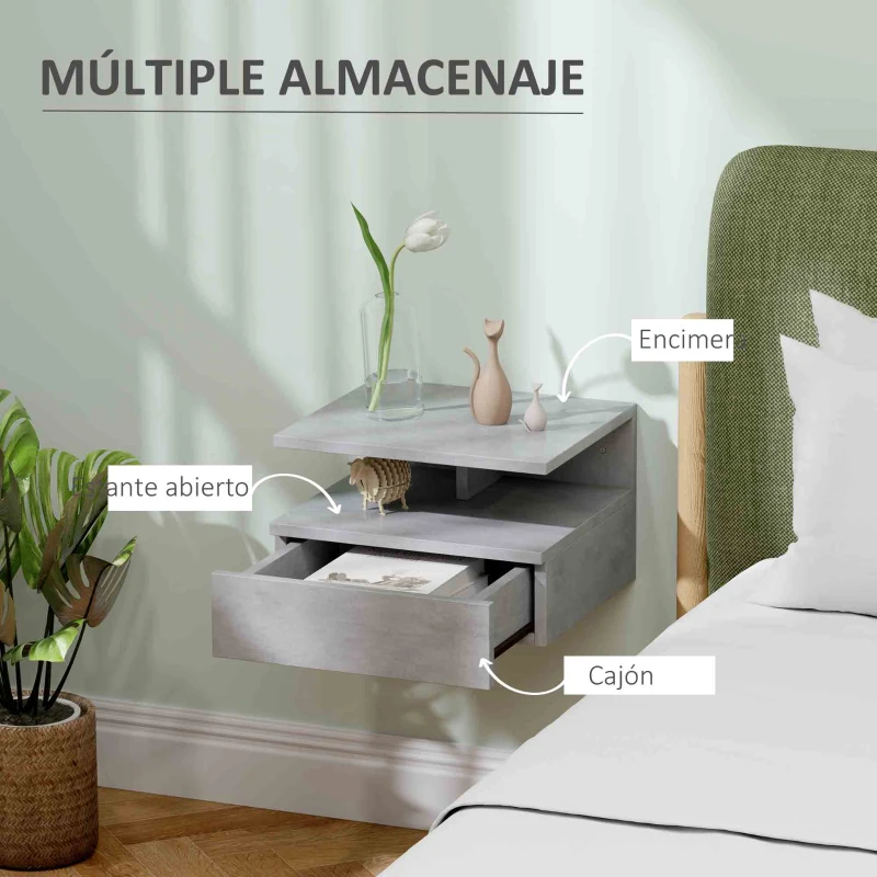 HOMCOM 2 Mesitas de Noche Flotantes con 1 Cajón y Estante Abierto Diseño Moderno 35x32x22,5 cm Gris