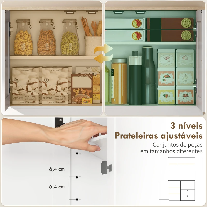 HOMCOM Armário de Cozinha com 3 Portas 2 Gavetas 3 Prateleiras na Porta 8 Ganchos Bancada Ampla  100x40x162 cm Branco