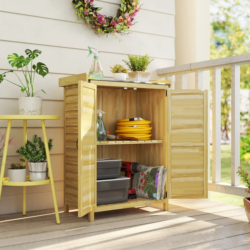 Outsunny Armoire de jardin, armoire extérieure de rangement en bois, plan de travail en métal galvanisé, 71,5x39x95cm, naturel