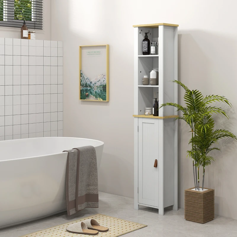 kleankin Meuble colonne de salle de bain placard à 3 niveaux étagères réglables porte en lambris 34 x 23 x 165 cm blanc