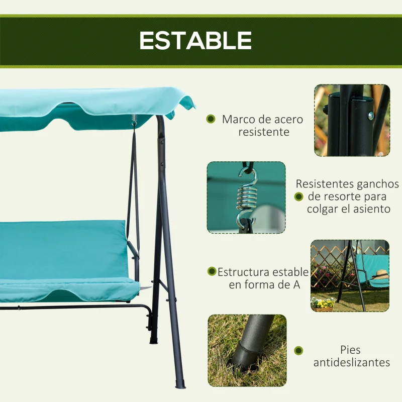 Outsunny Balancín de Jardín Exterior Columpio de 3 Plazas con Toldo Ajustable y Marco de Acero 172x110x153 cm Verde Azulado