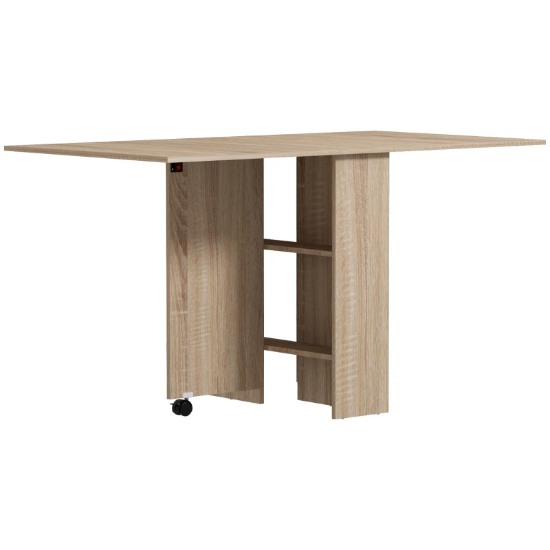HOMCOM 80-140 cm Folding Dining Table for 4-6 People, Drop Leaf Table with 2-Tier Shelves, Rolling Casters, for Small Spaces, Kitchen, Flat, Dining Room, Natural