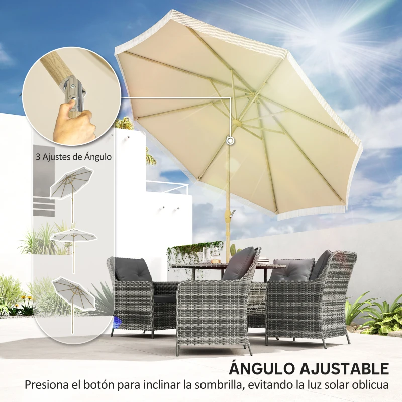 Outsunny Sombrilla de Jardín Ø265x244 cm con Manivela Manual Ángulo Ajustable y Flecos de Estilo Boho para Terraza Piscina Crema