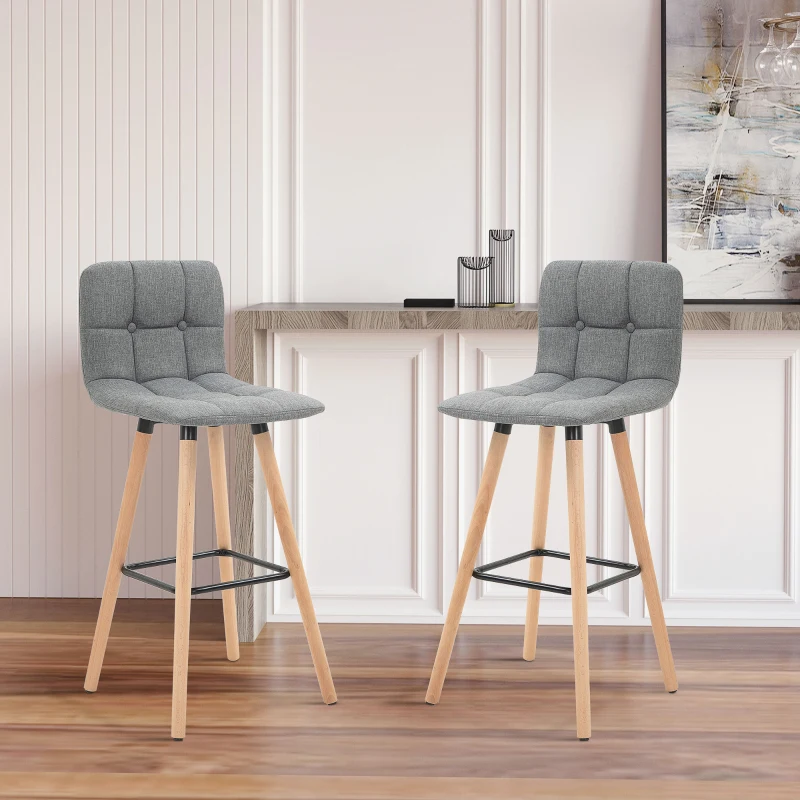 HOMCOM Lot de 2 tabourets de bar, chaises de bar capitonnées avec dossier et repose-pieds, pieds en bois, 41,5x47x97,5cm, gris