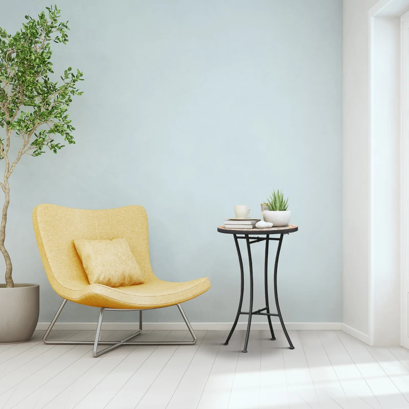 Outsunny Masă Rotundă Laterală Ø35,5cm – Masă de Patio Impermeabilă cu Design Mozaic, Măsuță din Metal pentru Living, Birou, Interior și Exterior – Galben și Gri