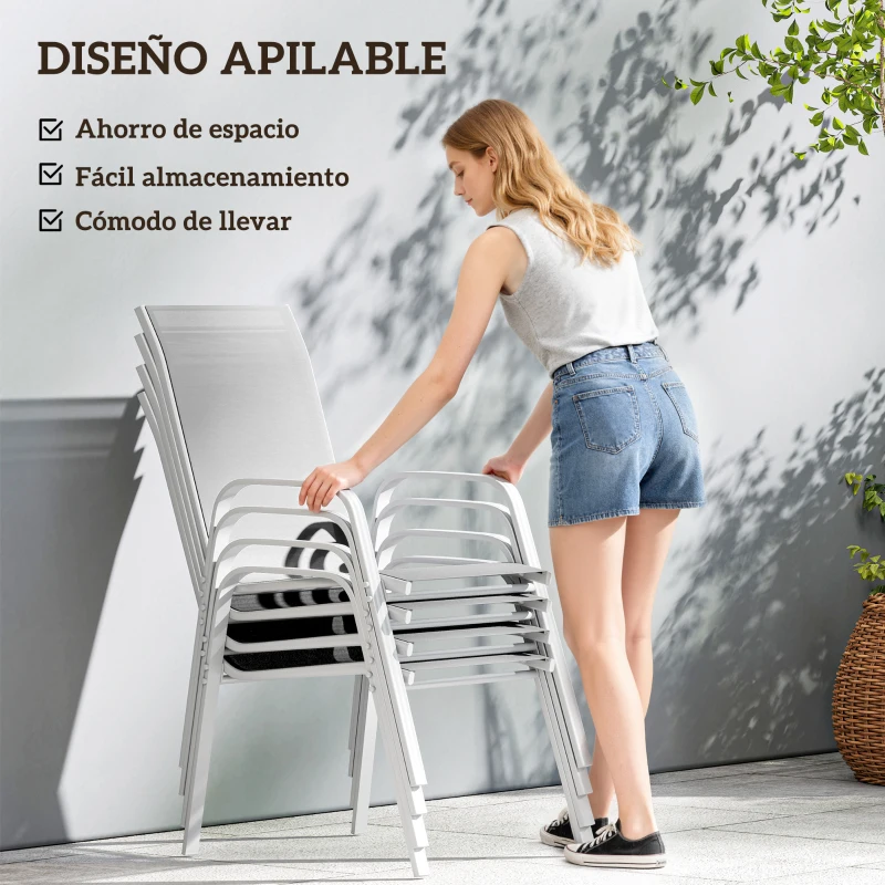 Outsunny Set de 4 Sillas de Exterior Apilables con Asiento de Textilene para Jardín Terraza 54x75,5x95 cm Gris Claro