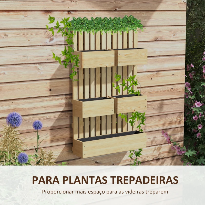 Outsunny Floreira de Parede em Madeira com Treliça e 5 Vasos Ajustáveis para Jardim Terraço Pátio 60x16x100 cm Madeira