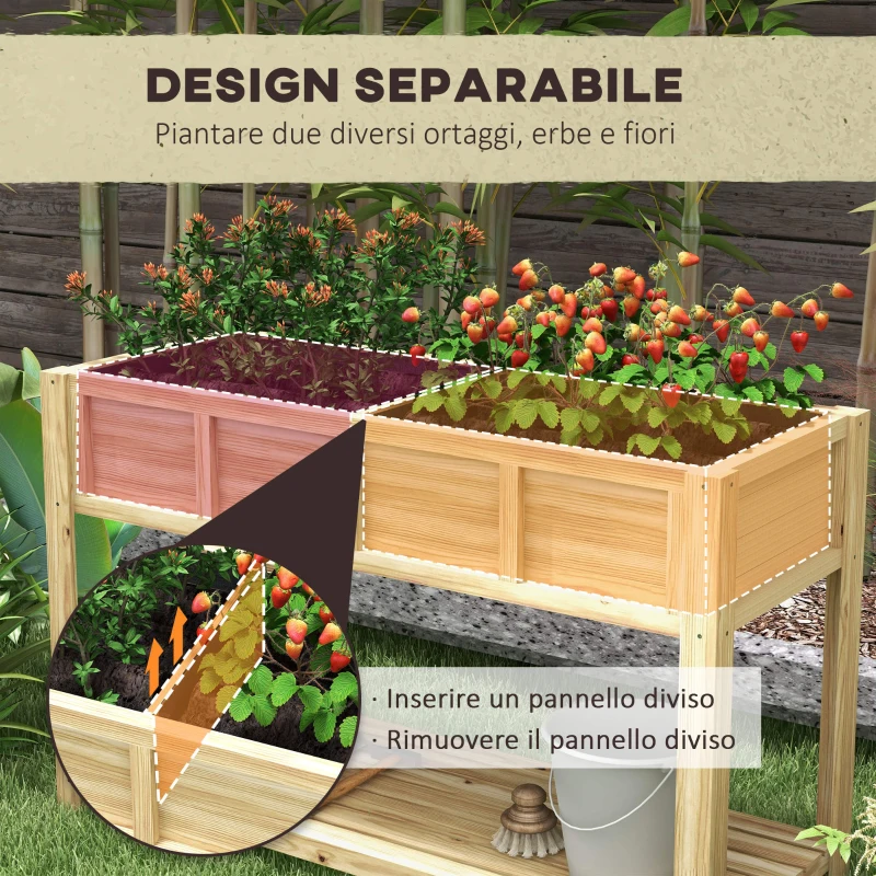 Outsunny Fioriera Rialzata in Legno con Ripiano Inferiore, Divisorio, Fori di Drenaggio, 115x46x75 cm, Color Legno