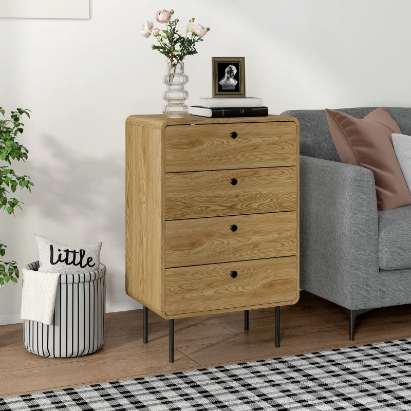 HOMCOM Commode 4 tiroirs, meuble de rangement étroit avec pieds en acier, coins arrondis, 60 x 39 x 91,5 cm, chêne
