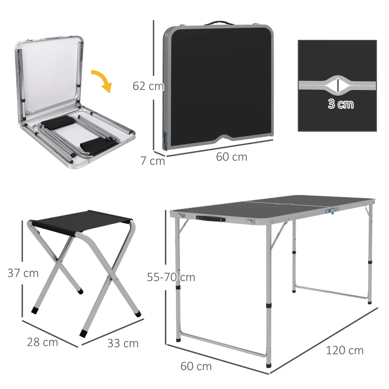 Outsunny Set Masă de Camping Pliabilă cu 4 Scaune, Masă de Picnic Reglabilă pe Înălțime, 4 Bănci și Orificiu pentru Umbrelă, din Aluminiu, pentru Picnic, Mare, Grădină, Negru