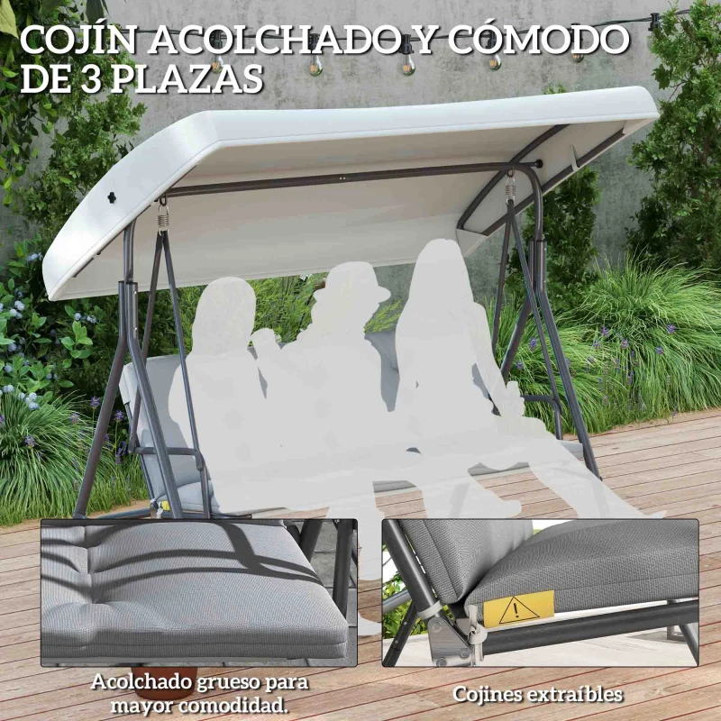Outsunny Balancín de Jardín Exterior Columpio de 3 Plazas con Toldo Ajustable y Marco de Acero 172x110x156 cm Gris Claro