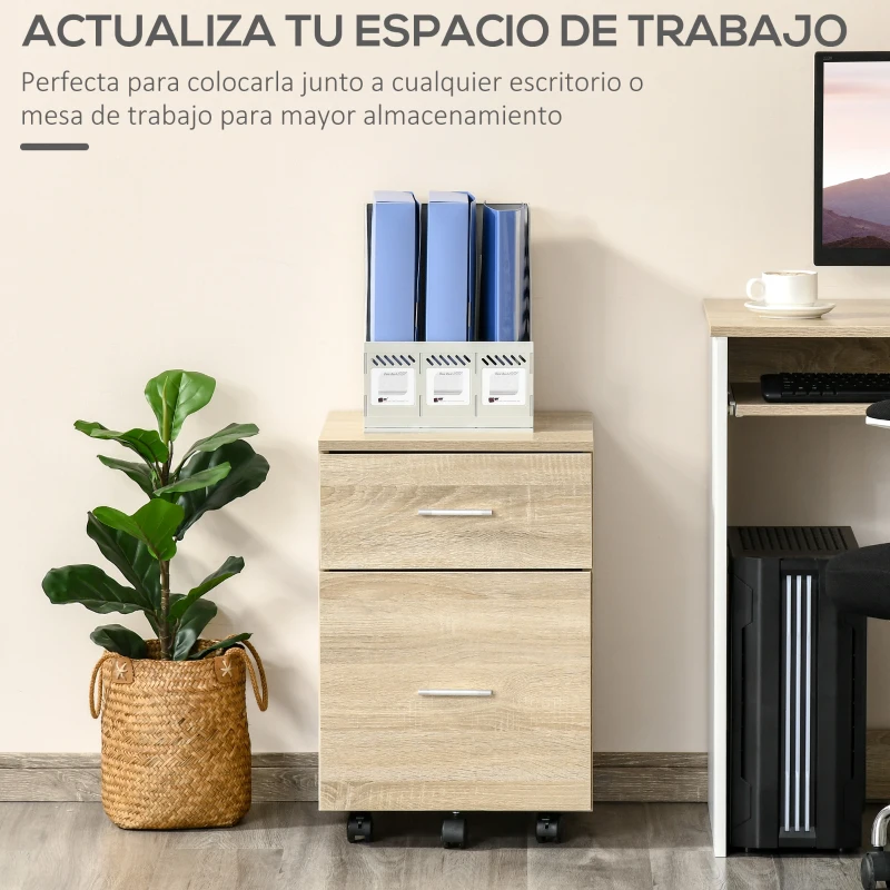 HOMCOM Cajonera de Escritorio con 2 Cajones Ruedas Archivador Móvil para Archivos A4 o Cartas 39,5x39x58,5 cm Roble