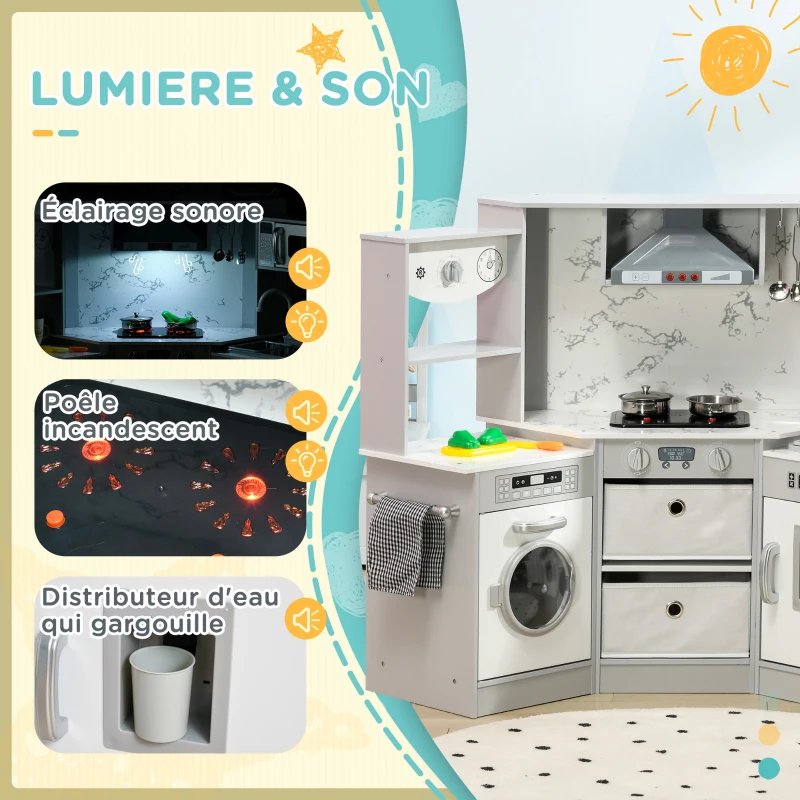 AIYAPLAY Cuisine enfant en bois avec 17 accessoires légumes en plastique boutons et lumières toque 3-6 ans gris blanc