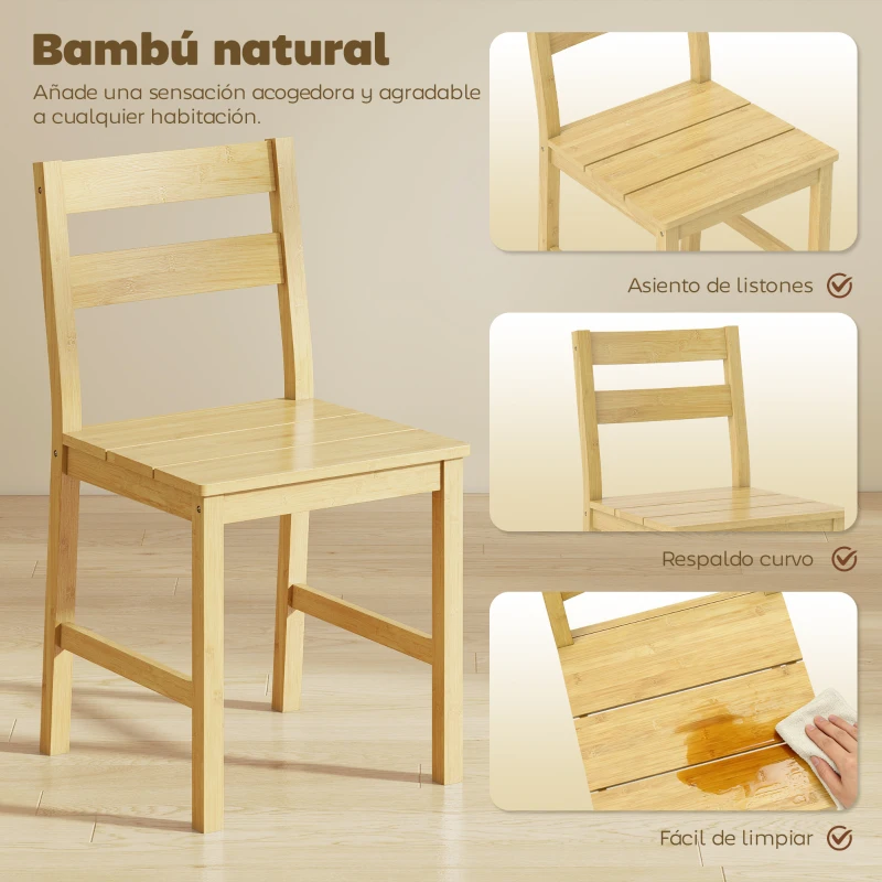 HOMCOM Juego de 2 Sillas de Comedor de Bambú con Asiento con Listones Respaldo Curvado Sin Brazos Natural