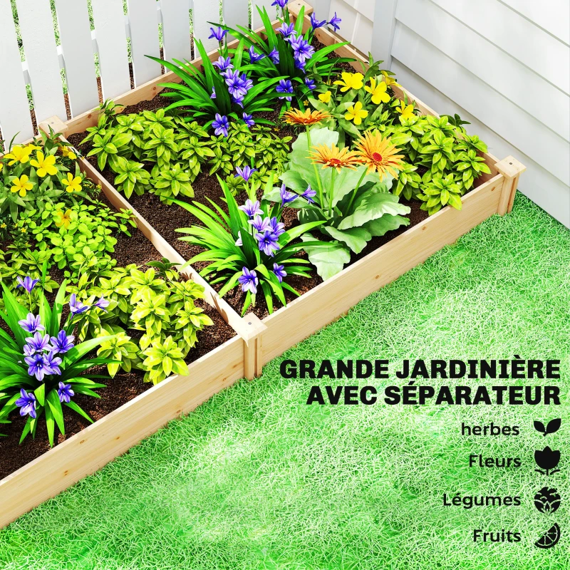 Outsunny Carré Potager de jardin en Bois massif, Jardinière Surélevé avec séparateur, 235 x 121 x 26 cm, effet Bois Naturel