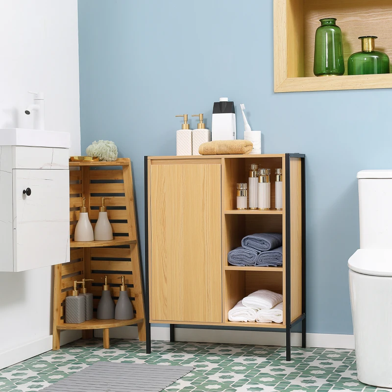 kleankin Meuble de salle de bain sur pied meuble de rangement avec 3 niches et 1 placard fermé - piètement en acier noir - 60 x 28 x 80 cm