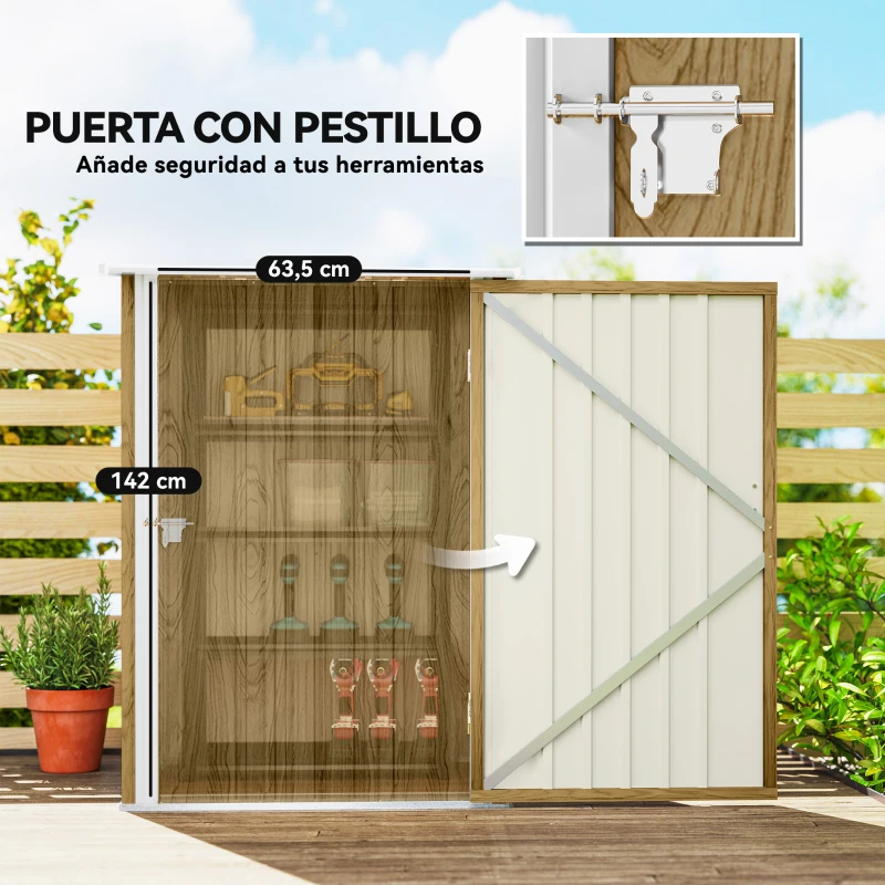 Outsunny Caseta de Jardín Metálica 0,92 m² 100x103x160 cm con 1 Puerta y Cerradura para Almacenamiento Herramientas Marrón Claro