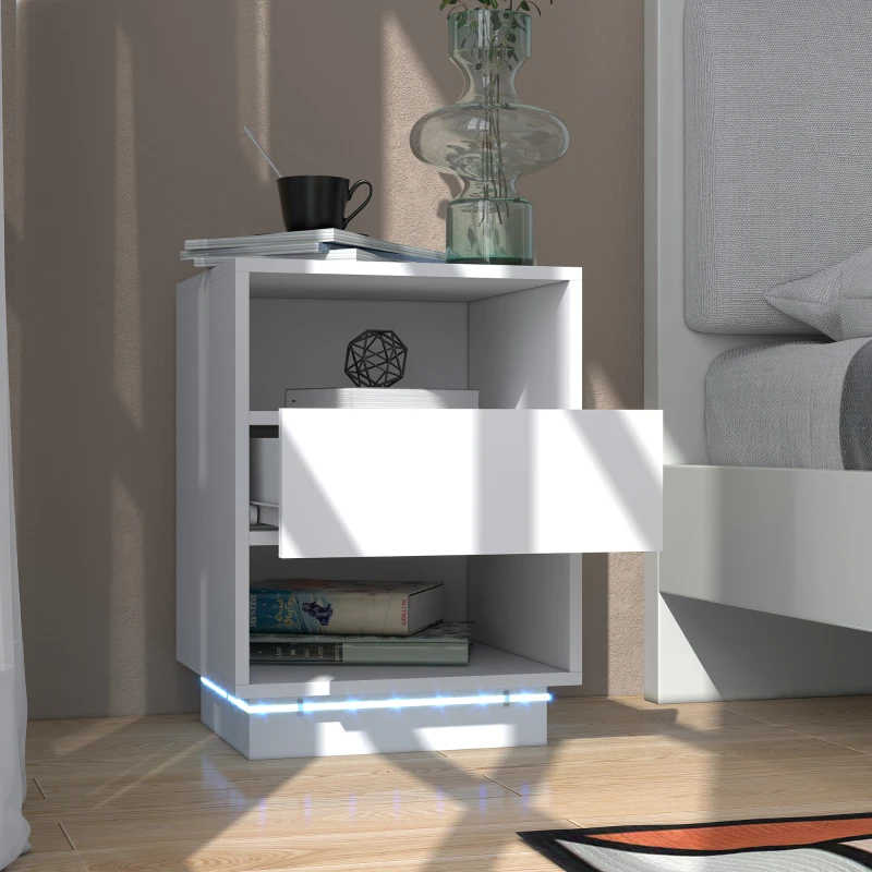 HOMCOM Table de chevet table de nuit LED tiroir niches plateau 40 x 40 x 55 cm blanc brillant laqué