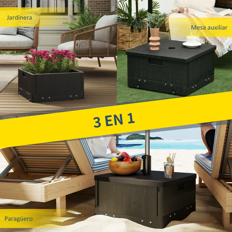 Outsunny Base para Sombrilla Exterior 3 en 1 Mesa Auxiliar Macetero con Drenaje Soporte de Parasol Rellenable Arena 80 kg Negro