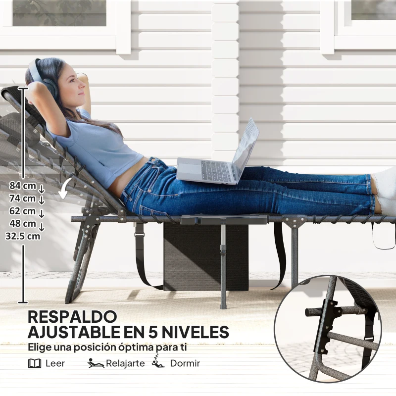 Outsunny Tumbona Plegable con Respaldo Ajustable Reposacabezas Bolsillo Lateral Bandeja y Estructura de Acero 190x60x31 cm Negro