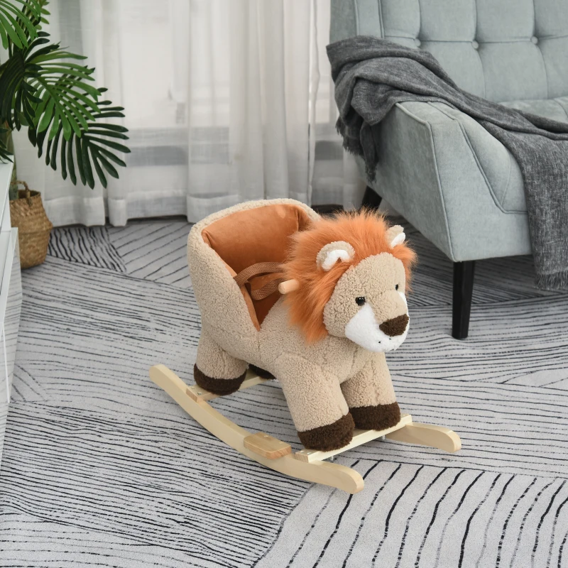 HOMCOM Cheval à Bascule modèle Lion Fonction Musicale Selle Grand Confort Peluche Courte Douce Pour Enfants 18-36 Mois Bois peuplier Marron dim. 68L x 35l x 50H cm
