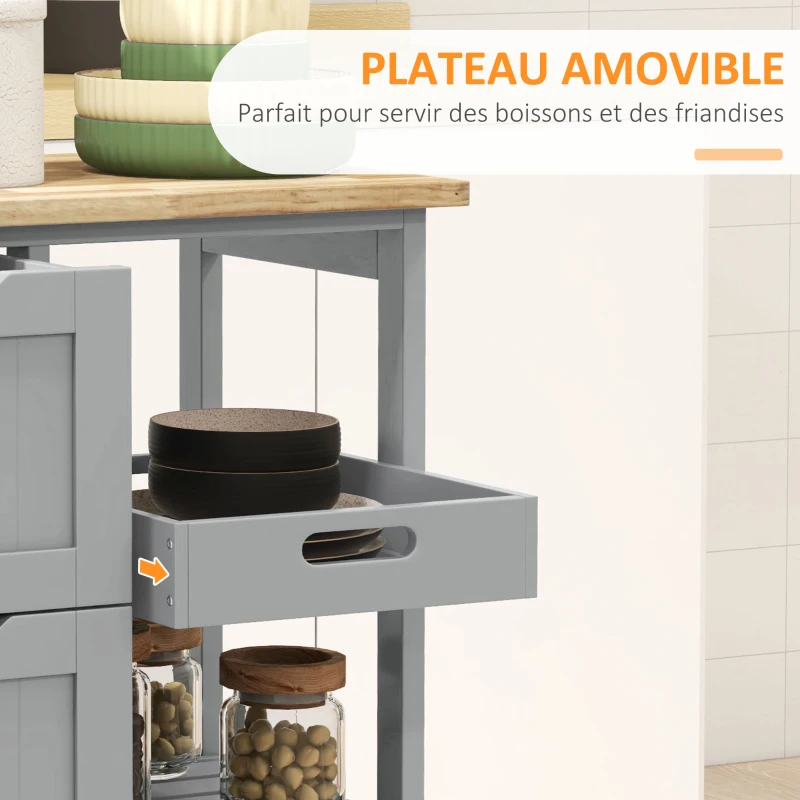 HOMCOM Chariot desserte de cuisine à roulettes plan de travail en bois 3 tiroirs et 1 plateau amovible 67 x 37 x 85,5 cm gris
