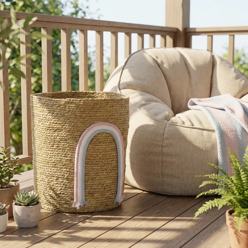 HOMCOM Panier de rangement 24,7 L avec décoration arc‑en‑ciel, grand panier tressé pour salle de bain, chambre, naturel